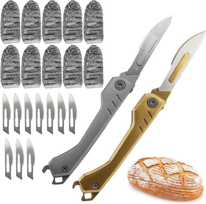Folding Bread Lame Dough Scoring Tool with 10 Razor Blades and 10 Finger Sleeves, 2 Pack