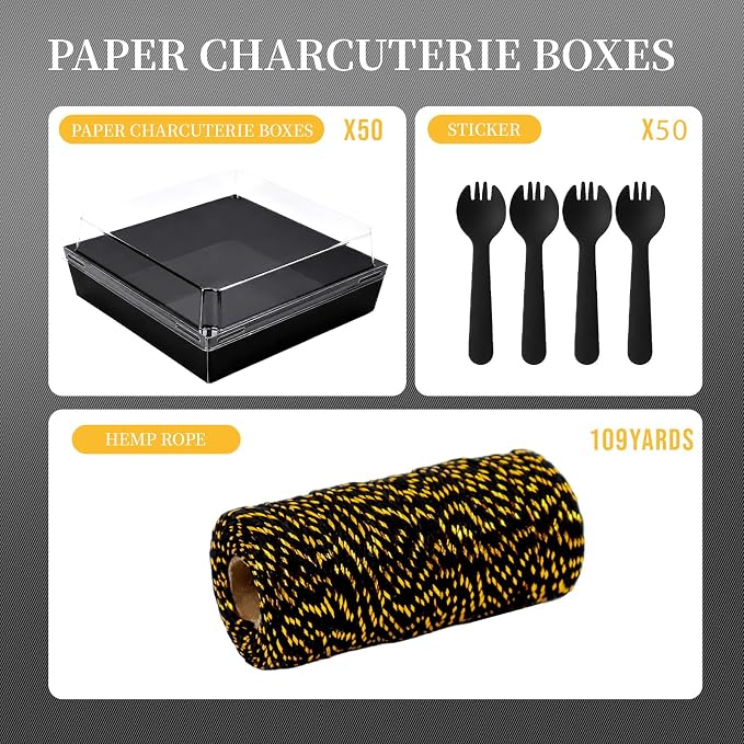7 x 7 x 2.6 Inches Large Charcuterie Boxes with Clear Lids, 50 Pack Disposable Square Black Bakery Boxes, To Go Paper Food Container for Cake Slices, Sandwiches, Cookies, Dessert