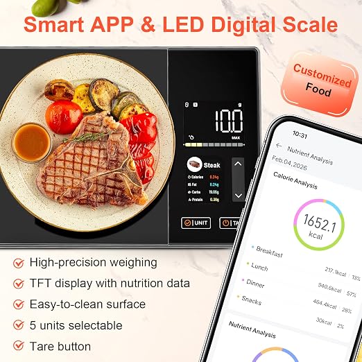 Smart Kitchen Food Scale with Nutritional Calculator, Calorie Fat Carbs Protein Tracker, Free App, Barcode Scan, Food Preload, 23 Nutrients, On-Screen Display, Personal Goals, 11 lb / 5 kg