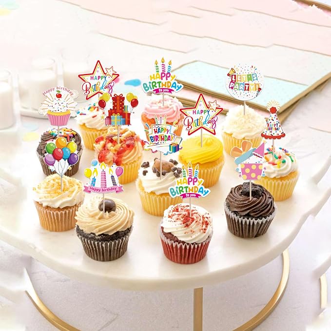 40 PCS Happy Birthday Cupcake Toppers Balloon Star Cheers Party Time Firework Cupcake Pciks Happy Birthday Cake Decorations for Celebrating Anniversary Theme Party Cake Decorations Supplies Colorful