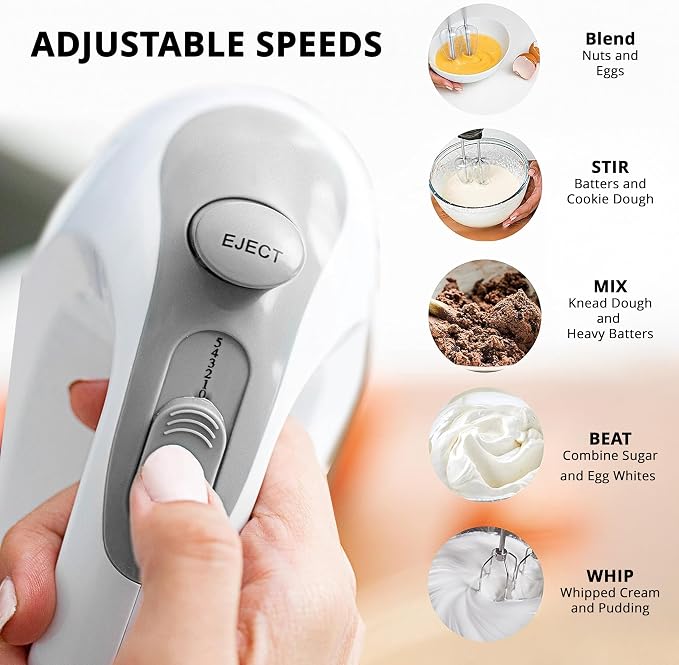 AIWA 5-Speed Hand Mixer with Eject Button, Electric Handheld Mixer for Cream, Batter, Eggs & Baking, Stainless Steel Beaters, Dishwasher-Safe, Lightweight Compact Design, White