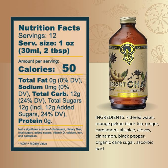 Portland Syrups Bright Chai Syrup - Coffee, Cocktails, Mocktails & Sodas - Premium Concentrate - Orange Pekoe, Ginger, Cinnamon, Cloves & Cardamom - Organic Cane Sugar - 12 oz, 24 Servings (Pack of 1)