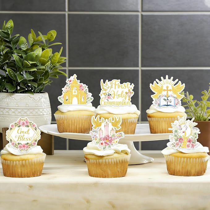 60 PCS Edible God Bless Cupcake Toppers Dove Cross Baptism Cupcake Picks Edible Floral First Holy Communion Cake Decorations for Gold Bless Baptism Theme Baby Shower Birthday Party Supplies Pink