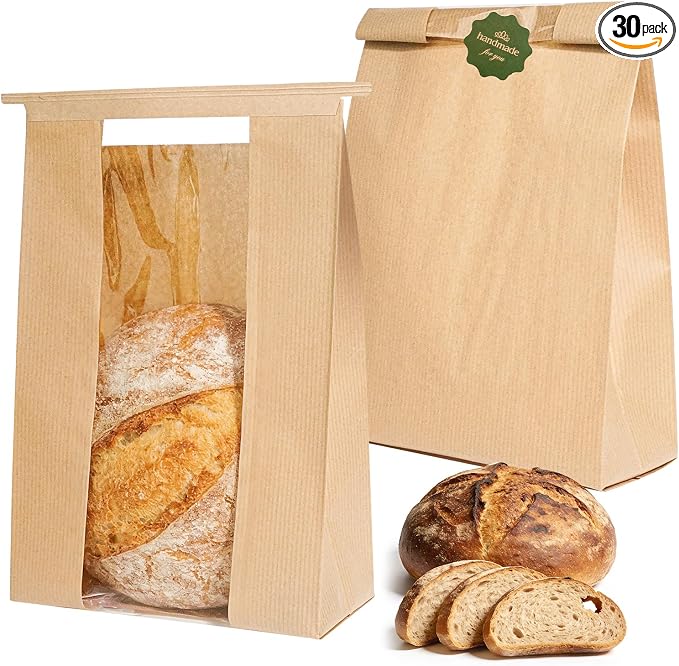 Funcoo 30 Paper Bread Bags for Homemade Bread, Sourdough Bread Bags Bakery Bag with Window/Tin Tie Tab Lock，Large Bakery Bread Loaf Bags for Baked Goods Packaging, Label Seal sticker included (30)