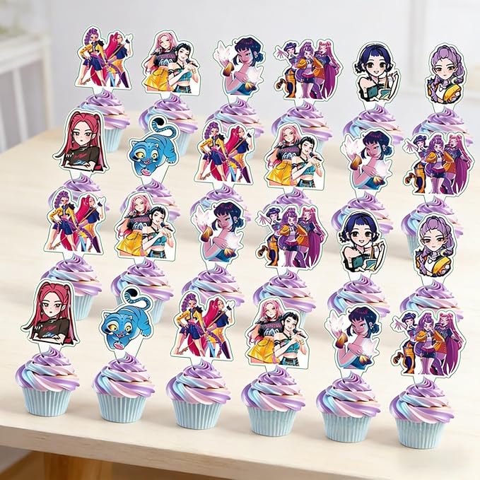 25 Pcs Demon Movie Hunters Cake Decorations, Include 1 Happy Birthday Cake Toppers, 24 cupcake Topper for Demon Movie Hunters Birthday Decorations