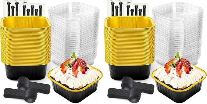 NPLUX 50 Pcs Mini Square Baking Cups with Lids and Spoons Aluminum Foil Mini Cake Pans with Lids Disposable Ramekins Cake Pans Dessert Cups for Wedding Birthday Party(Black Gold,10oz) (Pack of 2)