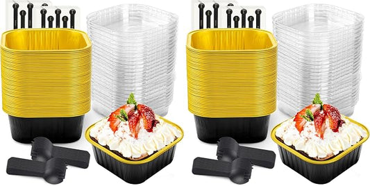 NPLUX 50 Pcs Mini Square Baking Cups with Lids and Spoons Aluminum Foil Mini Cake Pans with Lids Disposable Ramekins Cake Pans Dessert Cups for Wedding Birthday Party(Black Gold,10oz) (Pack of 2)