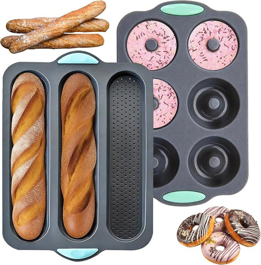 2 PCS Silicone Hamburger Bun Pan and Baguette Pan Set, Baguette Baking Mold | 3 Wave French Bread Baking Tray & 6 Cup Hamburger Bun Mold for Homemade Bread Loaf Sandwich Donuts