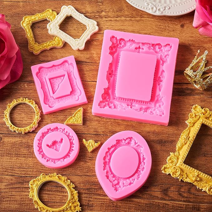 Puyeipt 4 Pcs Photo Frame Silicone Molds, Vintage Picture Photo Frames Fondant Molds for Cupcake Topper, Chocolate, Candy, Donut Cake Puck Decoration and Clay Craft Making