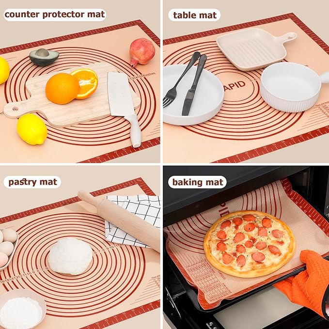 Sapid Extra Thick Silicone Pastry Mat Non-slip with Measurements for Non-stick Silicone Baking Mat Extra Large, Dough Rolling, Pie Crust, Kneading Mats, Countertop, Placement Mats (20" x 28", Red)