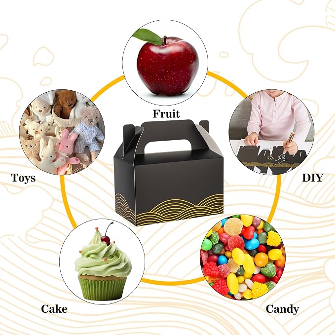 10 PCS Black Gable Favor Treat Boxes, 6.5 x 4 x 4 Inches Elegant Gift Box with Handle for Guests, Goodie Gift Boxes for Candy, Cookie, Busniess, Annivesary Parties, Graduation, Birthday, Wedding, Wave
