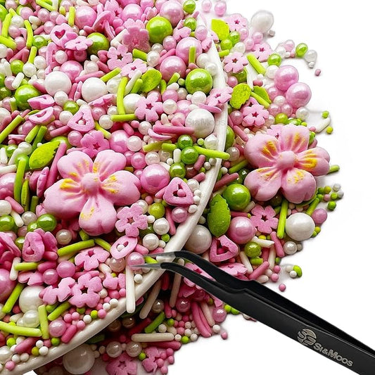 Edible Pink Flowers for Cake Decorating Edible Mini Sugar Flowers Pink and Green Pearl Sprinkles Spring Sprinkles Baby Shower Cake Decorations Christmas Cookie Decorations 3.5 OZ with Tweezers