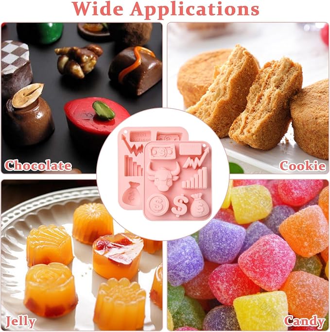 Ipotkitt 2pcs Pink Stock Market Themed Silicone Candy Molds Money Dollar Sign Bull Market Gummy Molds for Jelly Fondant Chocolate Candy Ice Cake DIY Crafts