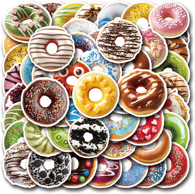 Donut Stickers,50 PCS Doughnut Food Themed Waterproof Sticker Vinyl Decals Supplies Favors Party Decor Water Bottles Laptop Phone Helmet Scrapbooks Gifts Birthday