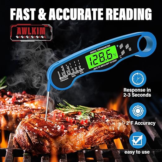 AWLKIM Digital Meat Thermometer, Instant Read Thermometer, Blue | Grill, BBQ, candy and baking thermometer with backlit display, foldable probe and magnetic storage.