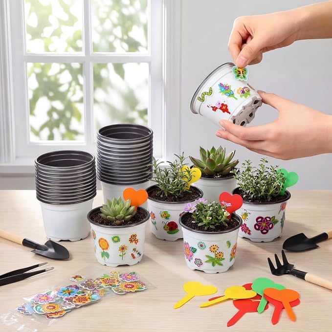 100 Sets Garden Pot Craft Kit, Flower Plant Spring Craft Including Plastic Nursery Plant Pots Labels Tags Stickers for DIY Flower Planting Growing Birthday Arts Kit (Pure)