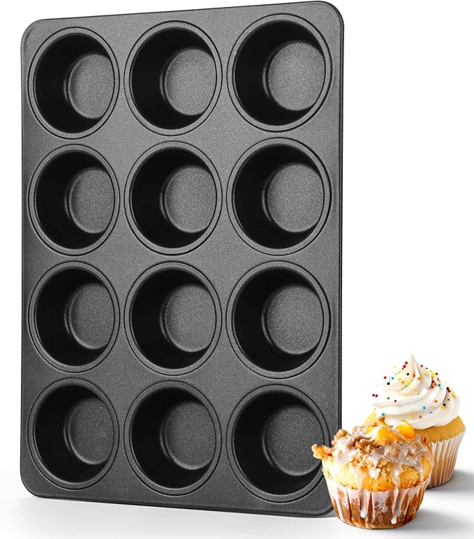 Herogo 12-Cup Nonstick Muffin Pan Tin for Baking, Metal Nonstick Cupcake Tray Set for Making Egg Muffin Quiches, Mini Brownie, Easy to Clean & Quick Release, Oven & Dishwasher Safe, Black