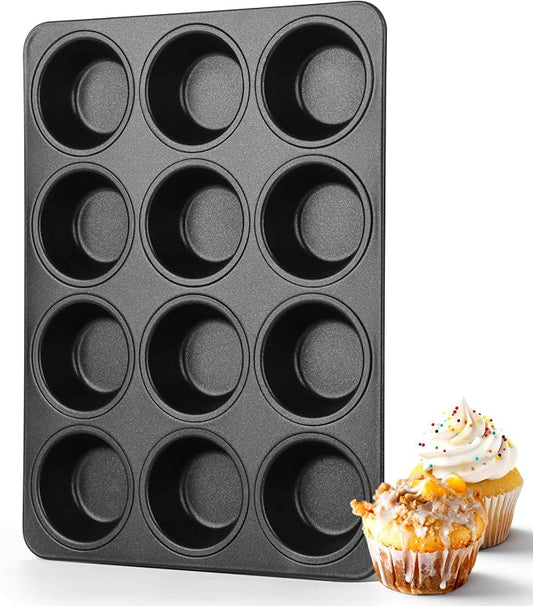 Herogo 12-Cup Nonstick Muffin Pan Tin for Baking, Metal Nonstick Cupcake Tray Set for Making Egg Muffin Quiches, Mini Brownie, Easy to Clean & Quick Release, Oven & Dishwasher Safe, Black
