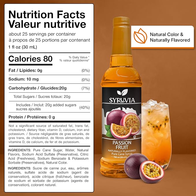 Syruvia Passion Fruit Syrup, Naturally Flavored Syrup for Drinks, Lemonades, Iced Teas, and Desserts – 25.4 fl oz - with Pump