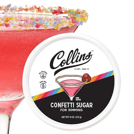 Collins Confetti Sugar, All-Natural Cocktail Rimming Sugar Made with Plant-Based Colors, Non-GMO Drink Garnish for Cocktails and Mocktails, Add Festive Flair to Your Drink Presentation, 4 oz