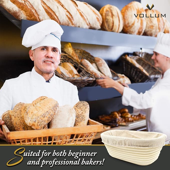 Vollum Banneton Bread Proofing Basket & Liner – Handmade Rustic Sourdough Bread Baking Supplies, Brotform, Sour Dough Tools, Gifts for Bakers - Oval - 10 x 7 x 3.75"H