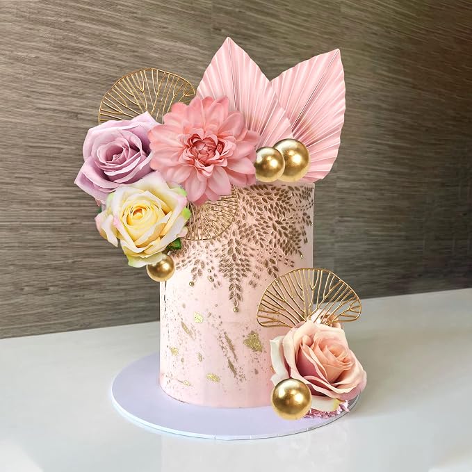 Boho Cake Topper Flower Cake Topper Pink Palm Leaves Cake Decorations with Artificial Rose Ginkgo Leaves and Balls for Wedding Birthday Boho Flower Themed Supplies (Pink)