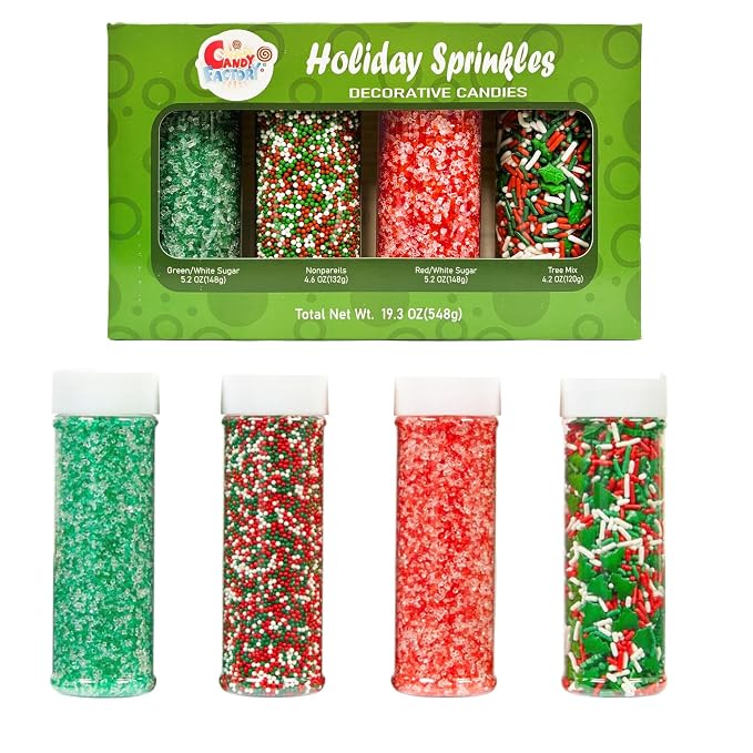 Sarah's Candy Factory Holiday Sprinkles Set 4 Count 19.3 Oz | Cake Cookies For Christmas, Party, Kosher, Green&White Sugar, Nonpareils, Red&White Sugar, Tree Mix Different Types in Jar