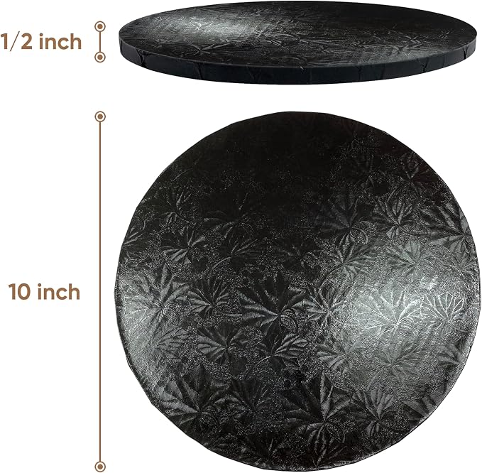 Cakebon Round Cake Boards - Sturdy 1/2 Inch Thick Cake Drums - 10 Inch Professional Base para Pastel Fully Wrapped Edges Black 3-Pack