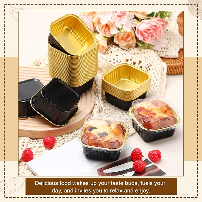 200 Pack 5 oz Mini Cake Pans with Lid, Aluminum Foil Mini Baking Tins, Square Disposable Cupcake Baking Cup Dessert Container for Wedding Birthday Party Picnic(Black, Classic)