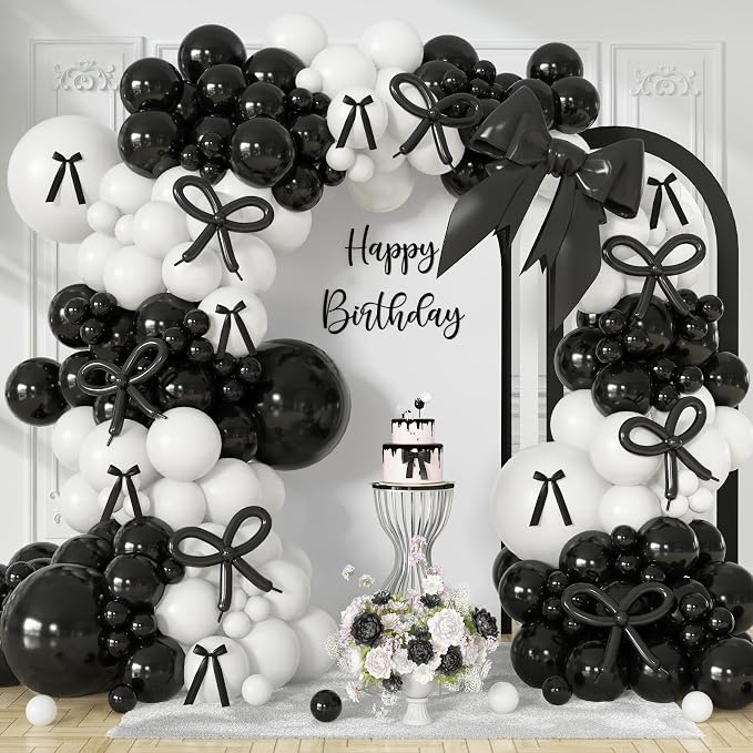 Black White Bow Balloon Garland Arch Kit, 149Pcs Coquette Bow Birthday Decorations for Engagement Wedding Bridal Shower Bachelorette Prom Party Decorations with Pre-Tied Bows and Long Balloons