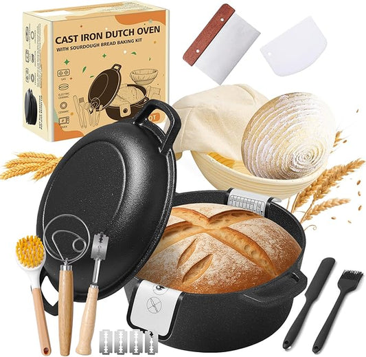 Pre-Seasoned Cast Iron Dutch Oven for Bread Baking - incl. Sourdough Bread-Baking Supplies like Proofing Basket, 2-in-1 Dutch Oven Pot with Skillet Lid and Dual Handles, Sour Dough Tools, Lame, 5QT