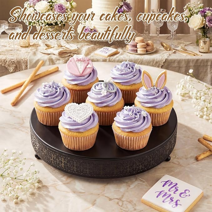 Wenqik Black Cake Stand 14 Inch Metal Round Cupcake Dessert Wedding Cake Stand with Cutting & Spatula Cookies Display Holder Fruit Serving Tray for Table Wedding Birthday Anniversary Party