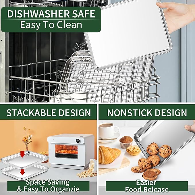 Small Baking Sheet with Cooling Rack Set [2 Baking Pans + 2 Wire Racks], CEKEE Stainless Steel Cookie Sheets for Baking, Heavy Duty & Dishwasher Safe Baking Sheets for Oven, Size 9 x 7 x 1 Inch