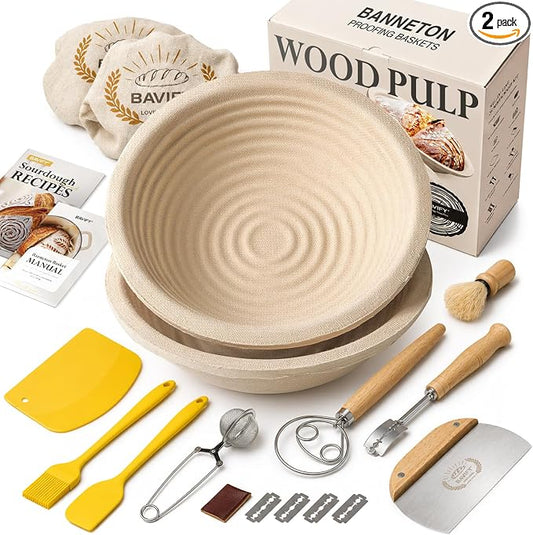 BAVIFY Sourdough Starter Kit, Banneton Bread Proofing Baskets Set, Sourdough Bread Baking Supplies Making Tools with Dough Scraper, Whisk, Bread Lame, Recipe, Wood Pulp Banneton - 2 Round Gift Set