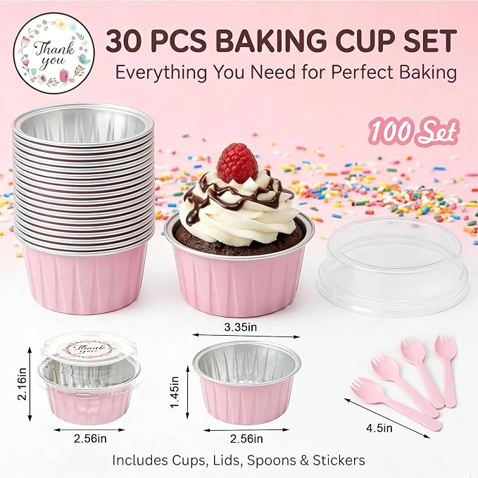 100 PCS Aluminium Foil Baking Cups, Mini Cake Pans with Lids and 100 PCS Spoons, 5 oz Disposable Baking Cups Foil Ramekins For Party Birthday Wedding Valentines (Pink)