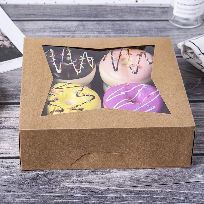 ONE MORE [15pcs] 8" Brown Bakery Pie Boxes, Kraft Cardboard Cookie Box with Window Auto-Popup Natural Disposable Pastries Boxes 8x8x2.5inch,Pack of 15