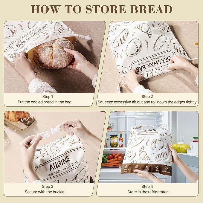 Beeswax Bread Bag, Reusable Bread Bags for Homemade Bread, 2 Pack Beeswax Bread Bags for Sourdough, Natural Cotton Sourdough Bread Bag, Large Capacity