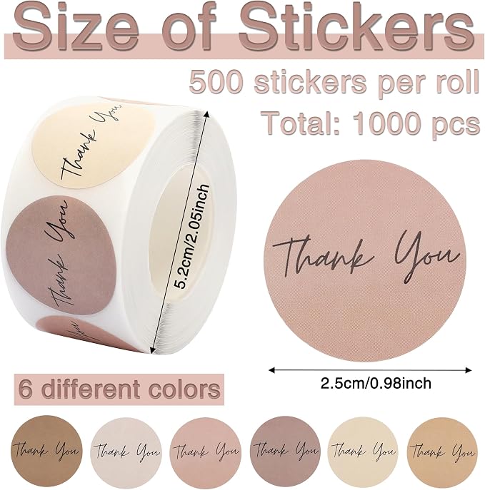 1000Pcs Thank You Stickers Label Roll 6 Colors Small Business Sticker Seal Sticker for Packaging Paper Circle Round Tags for Box Gifts Sealing Label for Bottle Canning Wraps (Brown)