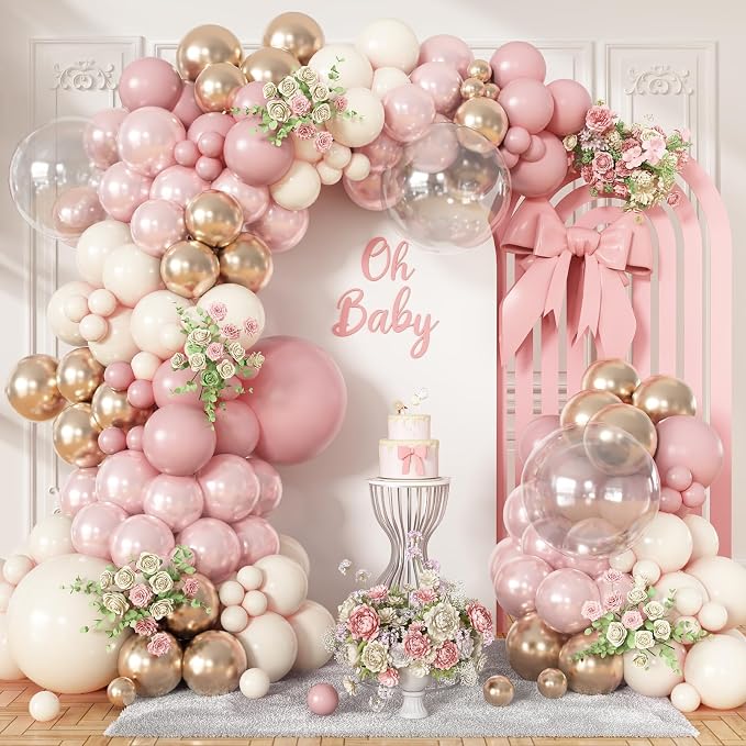 Double Stuffed Dusty Pink Balloon Arch Kit for Girls, Pearl Pink White Gold Balloon Garland for Baby Shower Birthday Wedding Bridal Party Decorations with Clear Metallic Rose Gold Balloons