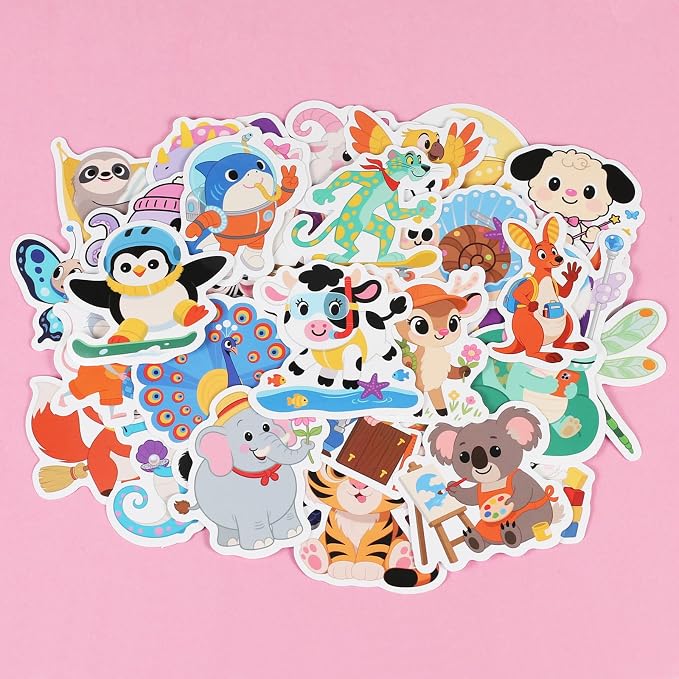 50PCS Animal Stickers, Cute Water Bottle Stickers for Kids, for Teaching Rewards, Notebooks, Stationery, Luggage, Cartoon PVC Happy Stickers