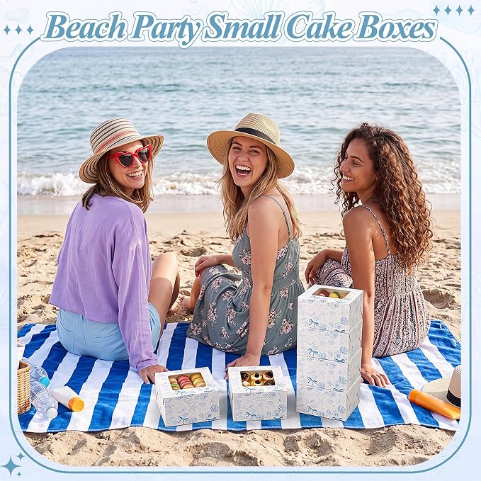 50 Pack Blue Seashell Cookie Boxes with Window, Blue Bow Coastal Nautical Treat Boxes for Beach Wedding, Baby Boy Shower & Under the Sea Party Bakery Favors for Cookies & Macarons