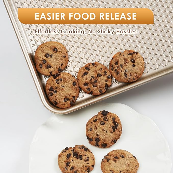 Baking Sheet Pan Set of 3, Nonstick Carbon Steel Cookie Sheets with Texture | Commercial Half/Quarter/Jelly Roll Pans Replacement Toaster Oven Tray, Heavy Duty & Easy Clean, Champagne Gold