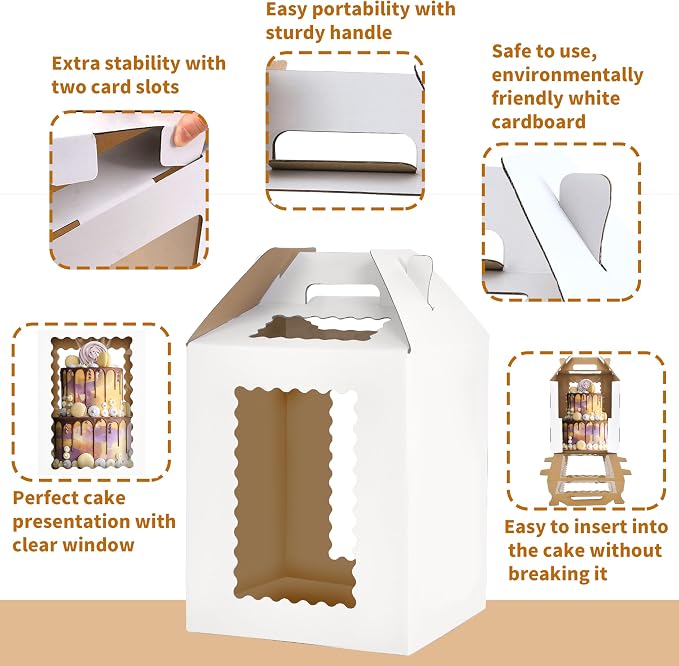 3 Pack 12x12x14Inch Tall Cake Boxes for Tier Cakes,10in 12in Tall Cake Carrier, Large Tiered Cake Box, Layer Cake Box, large cake box,Durable White Bakery Box