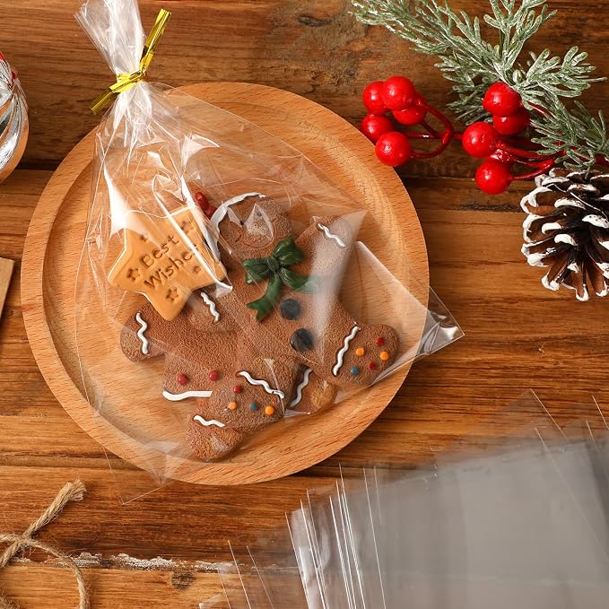 Augshy Cellophane Treat Bags, 300 Pcs 5x7 Inches Treat Cello Bags for lollipop with 320 Twist Ties, 1.4 mils Thickness OPP Plastic Bags for Packaging Candies, Dessert, Bakery, Cookies, Chocolate