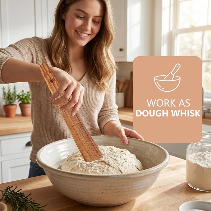 2 Pack Teak Wooden Flat Spatulas – Dough Whisk & Sourdough Scraper, Heat-Resistant Utensils for Flipping, Stirring, and Turning on Cast Iron & Non-Stick Pans