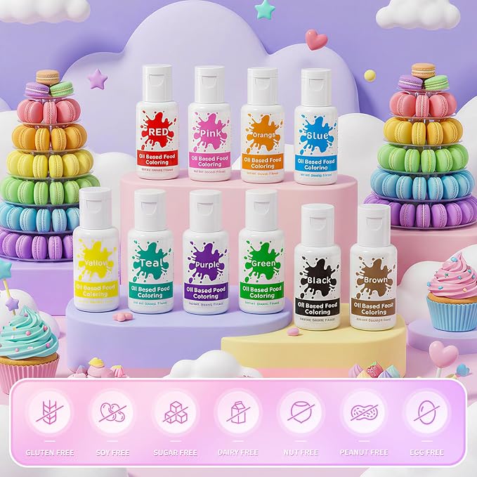 Oil Based Food Coloring for Chocolate - 20ml X10 Colors Edible Food Dye for Sugar Candy Melts Oil Frosting Icing Dye for Backing Cookies Fondant Food Color for Cake Decorating - 0.7 Fl. Oz/Bottles