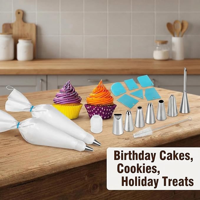 Baking & Pastry Tool Kit, 14 Nozzles & 6 Blue Scrapers, Reusable Bags & Ties, Versatile Kitchen Accessories for Decorating & Dough Shaping (20)
