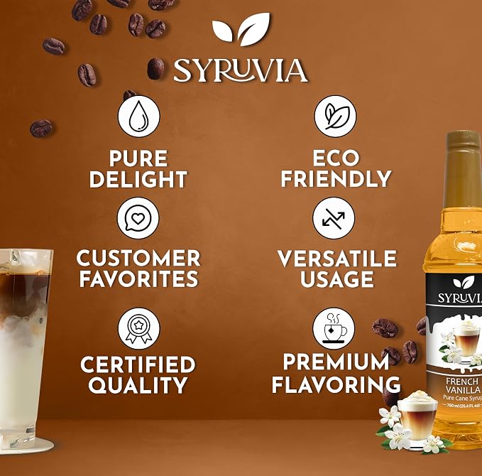 Syruvia Coffee Syrup, French Vanilla Flavored Syrup for Drinks, Lattes, and Desserts – 25.4 fl oz - with Pump