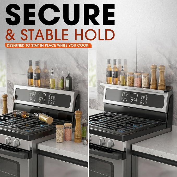 Magnetic Stove Top Shelf 30 Inch - Stainless Steel Over Stove Spice Rack Organizer - Magnetic Stove Shelf for Flat & Curved Stoves - Kitchen Storage Shelf with Measuring Spoons & Brush