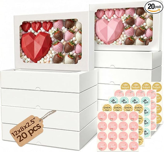 20pcs Cookie Boxes with Window 12x8x2.5 inch, Large Bakery Boxes, Auto-Popup Treat Box for Desserts, Chocolate Covered Strawberries, Breakable Heart, Pastries, Cajas Para Postres with 80 Stickers